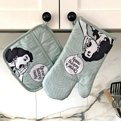 Double Trouble Inc Funny Oven Mitt and Pot Holder Set - Dinner Ready Quirksy gifts australia