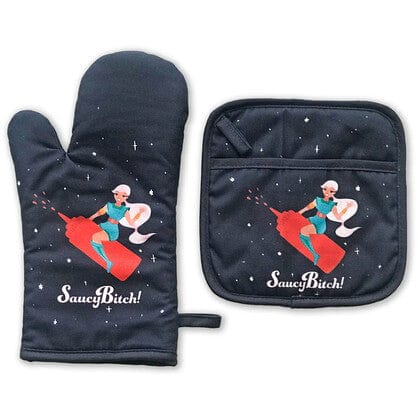 Double Trouble Inc Funny Oven Mitt and Pot Holder Set - Saucy Bitch Quirksy gifts australia