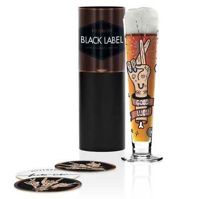 RITZENHOFF Black Label Beer Glass by P. Chiera - Good Luck / fingers crossed! Quirksy gifts australia